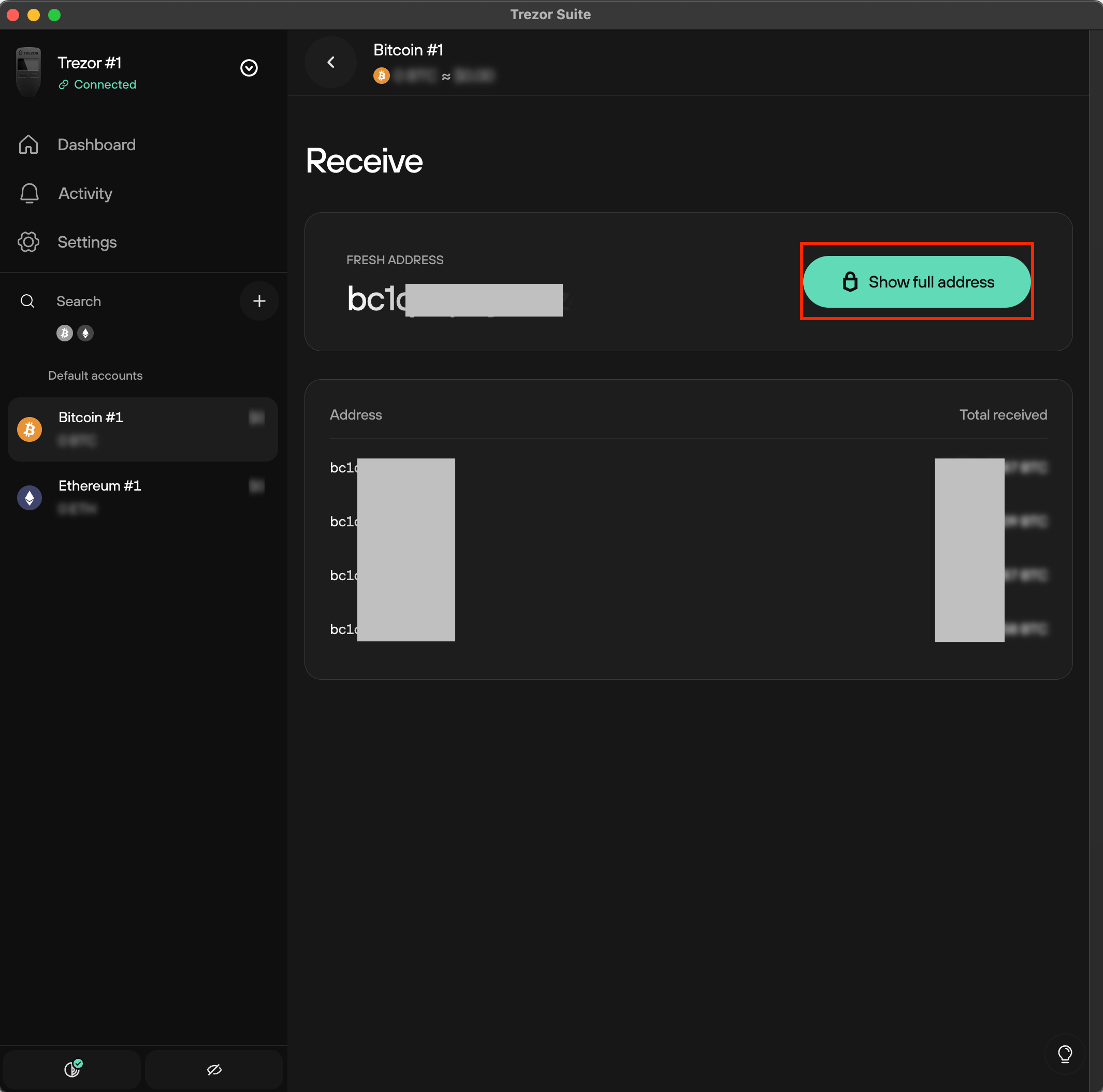 Trezor Wallet BTC Receiving Address