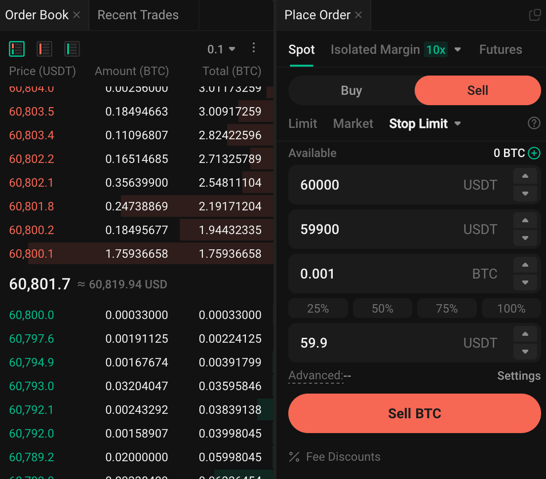 Sell - Stop Limit Order / Stop @ 60,000 / Limit @ 55,900